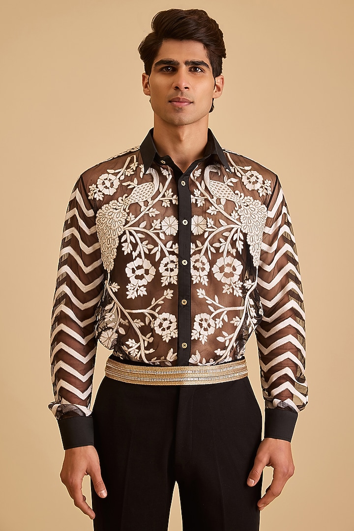 Black Net Aari Embroidered Wedding Shirt by Siddartha Tytler Men at Pernia's Pop Up Shop