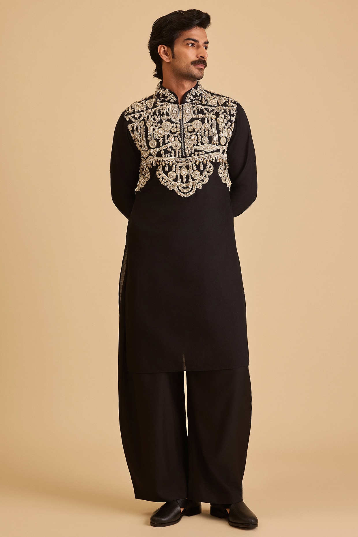 Siddartha Tytler Black Linen Blend Aari Embroidered Kurta Set