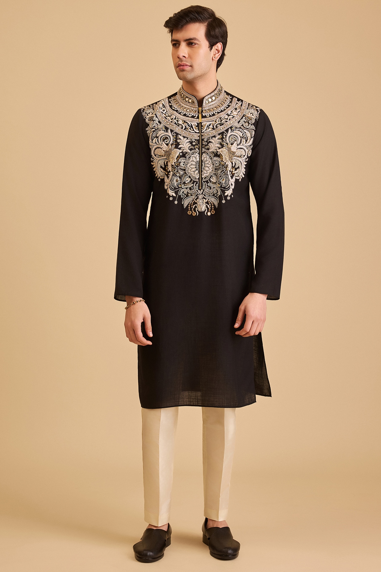 Siddartha Tytler Black Linen Blend Embroidered Kurta Set
