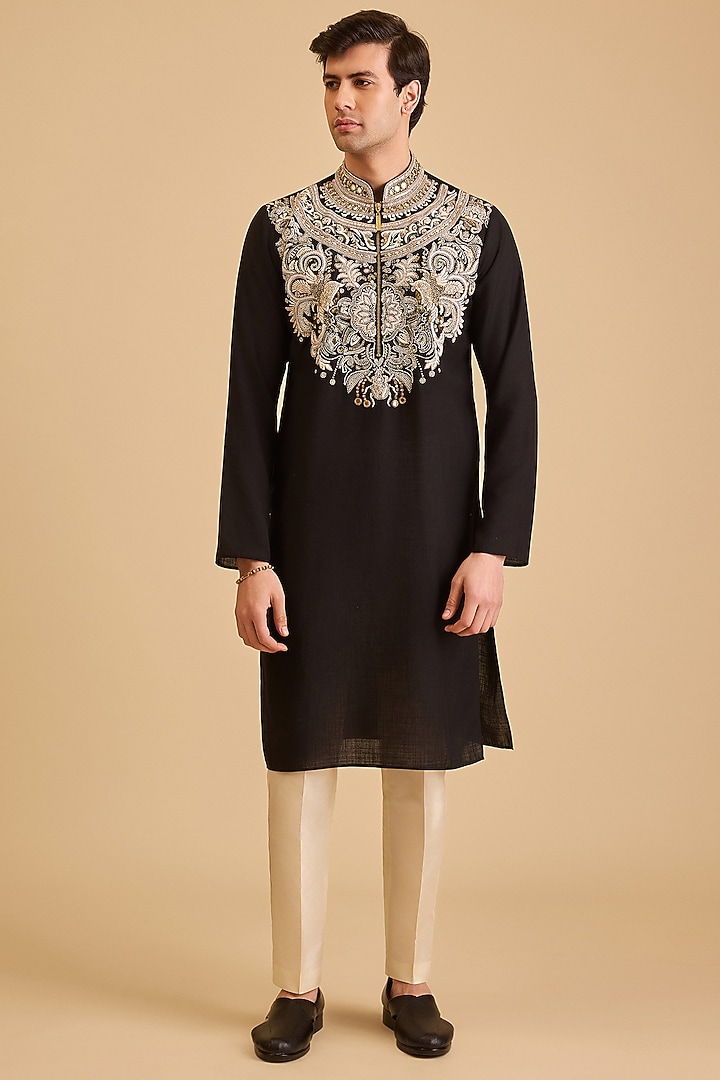 Black Linen Blend Embroidered Kurta Set by Siddartha Tytler Men at Pernia's Pop Up Shop