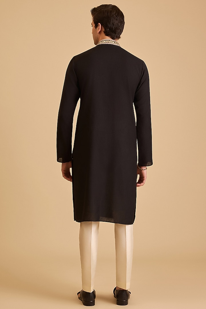 Black Linen Blend Embroidered Kurta Set by Siddartha Tytler Men at Pernia's Pop Up Shop