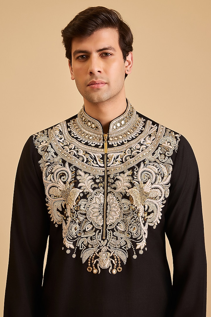 Black Linen Blend Embroidered Kurta Set by Siddartha Tytler Men at Pernia's Pop Up Shop