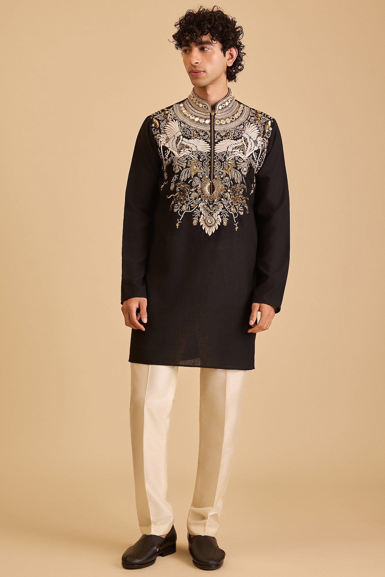 Siddartha Tytler Black Linen Blend Embroidered Kurta Set