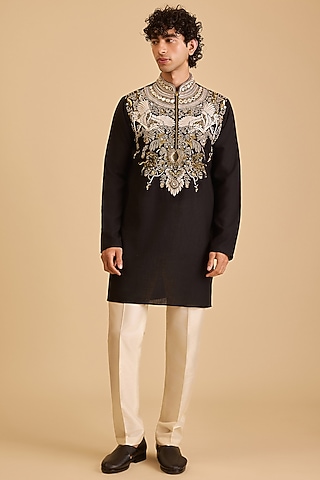 Black Linen Blend Embroidered Kurta Set by Siddartha Tytler Men