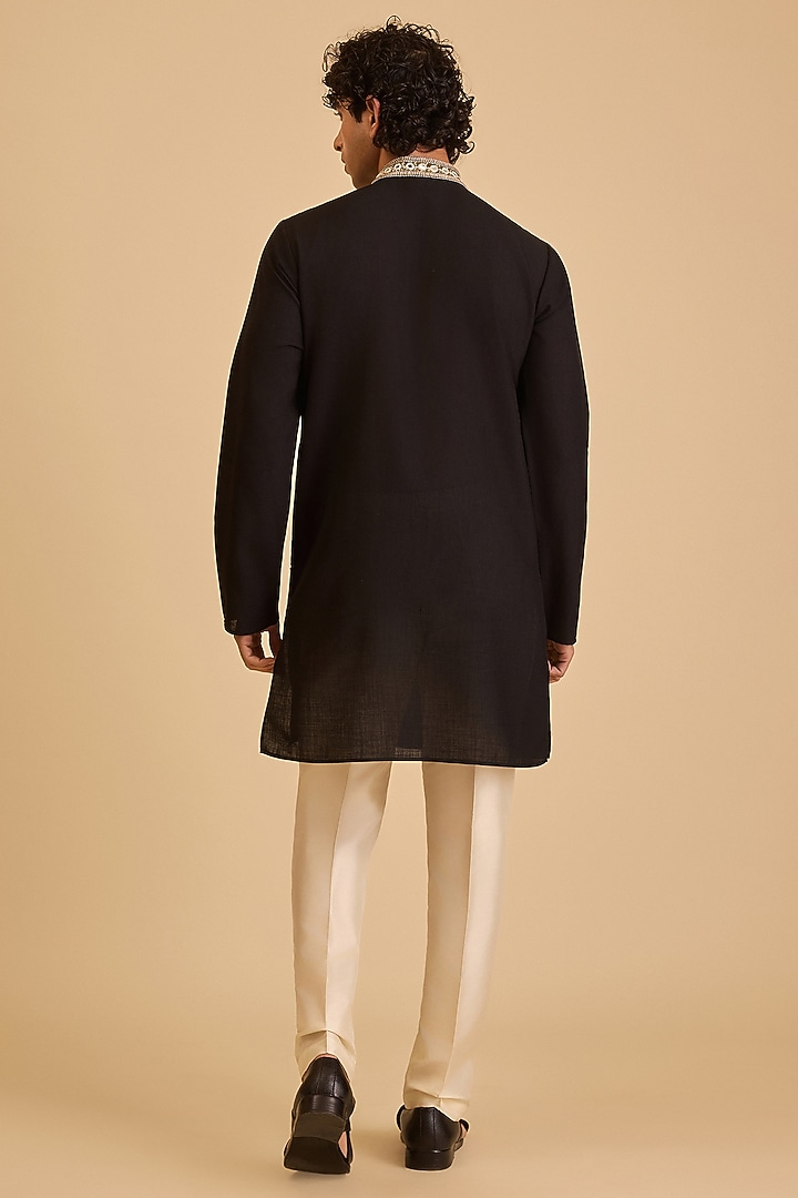Black Linen Blend Embroidered Kurta Set by Siddartha Tytler Men at Pernia's Pop Up Shop