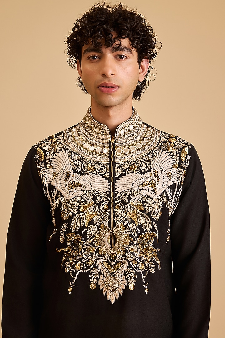 Black Linen Blend Embroidered Kurta Set by Siddartha Tytler Men at Pernia's Pop Up Shop