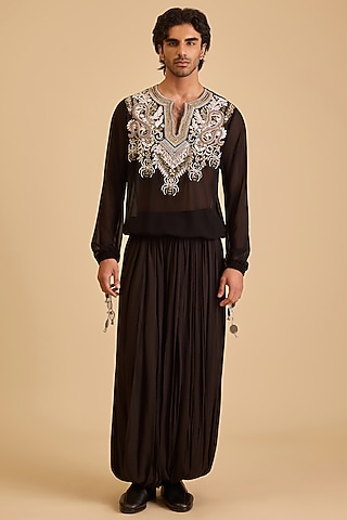 Black French Rayon Harem Pants by Siddartha Tytler Men