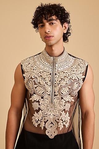 Black Net Embroidered Top by Siddartha Tytler Men