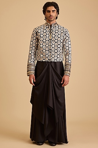 Black & White Raw Silk Aari Embroidered Jacket Kurta Set by Siddartha Tytler Men