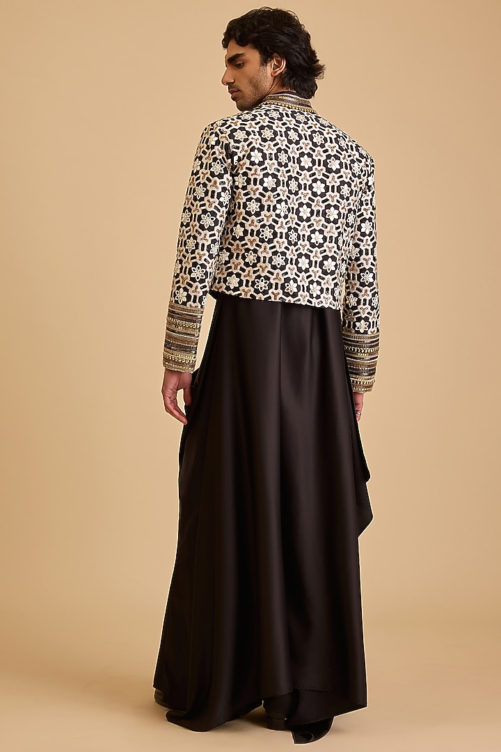 Black & White Raw Silk Aari Embroidered Jacket Kurta Set by Siddartha Tytler Men at Pernia's Pop Up Shop