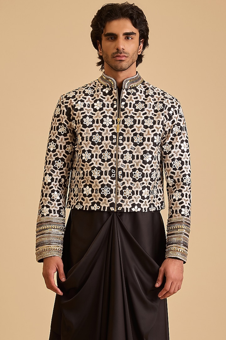 Black & White Raw Silk Aari Embroidered Jacket Kurta Set by Siddartha Tytler Men at Pernia's Pop Up Shop