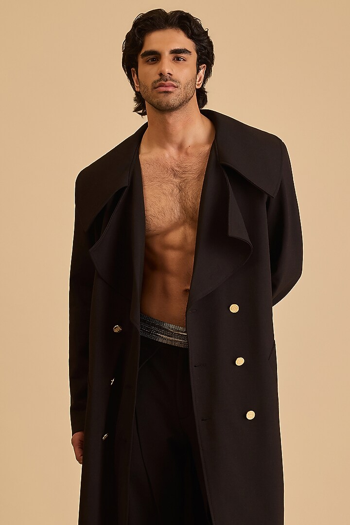 Black Heavy Knit Shawl Collared Overcoat by Siddartha Tytler Men at Pernia's Pop Up Shop