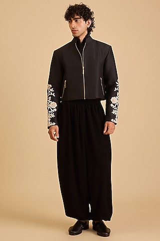 Black Raw Silk Gara Crop Jacket by Siddartha Tytler Men