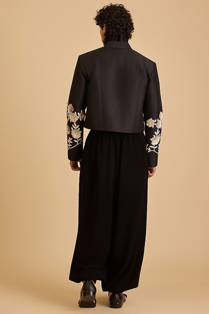 Black Raw Silk Gara Crop Jacket by Siddartha Tytler Men at Pernia's Pop Up Shop