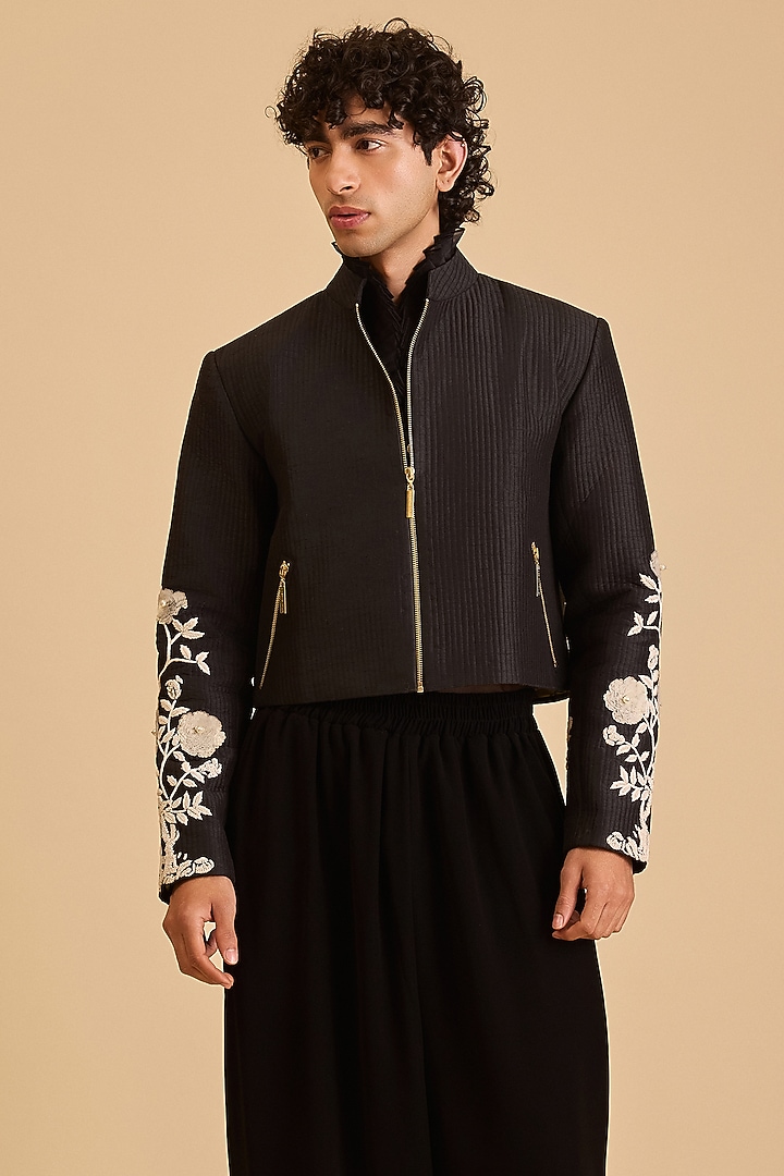 Black Raw Silk Gara Crop Jacket by Siddartha Tytler Men at Pernia's Pop Up Shop