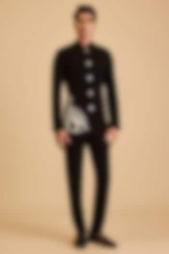 Black Micro Fiber & Japanese Fabric Embroidered Groom Bandhgala Set by Siddartha Tytler Men at Pernia's Pop Up Shop