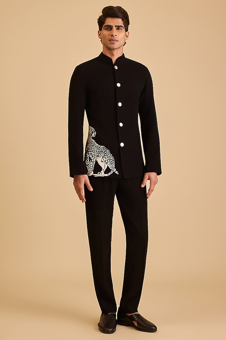 Black Micro Fiber & Japanese Fabric Embroidered Groom Bandhgala Set by Siddartha Tytler Men at Pernia's Pop Up Shop