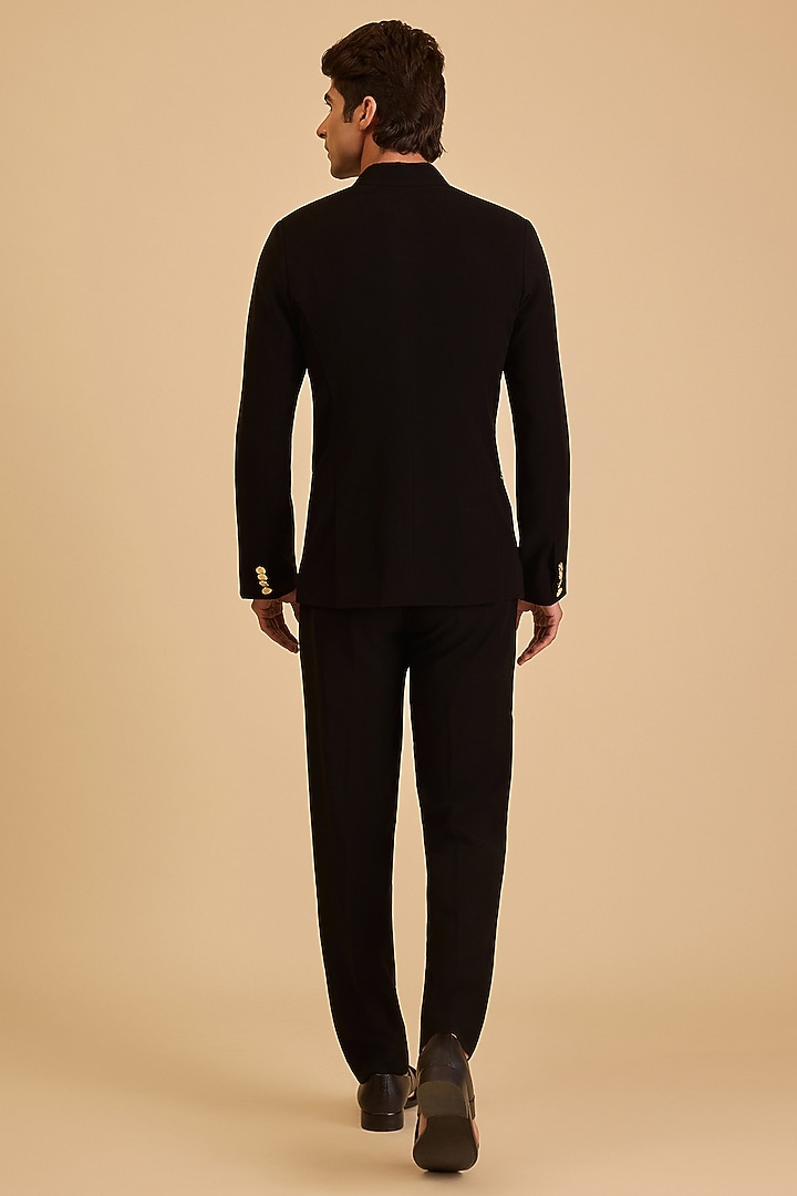 Black Micro Fiber & Japanese Fabric Embroidered Groom Bandhgala Set by Siddartha Tytler Men at Pernia's Pop Up Shop