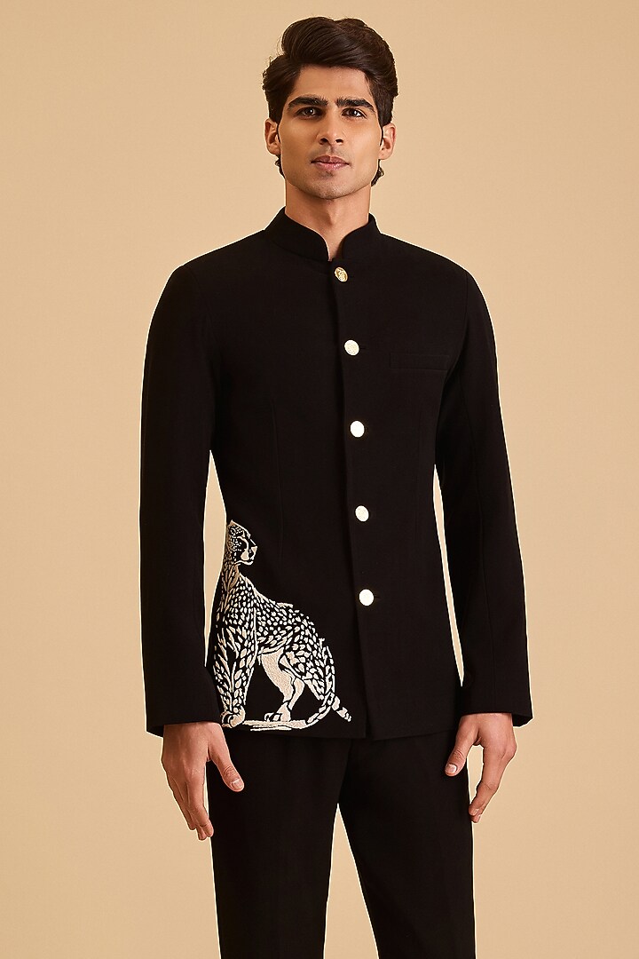 Black Micro Fiber & Japanese Fabric Embroidered Groom Bandhgala Set by Siddartha Tytler Men at Pernia's Pop Up Shop