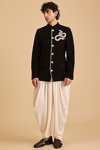 Black Micro Fiber & Japanese Fabric Embroidered Bandhgala by Siddartha Tytler Men
