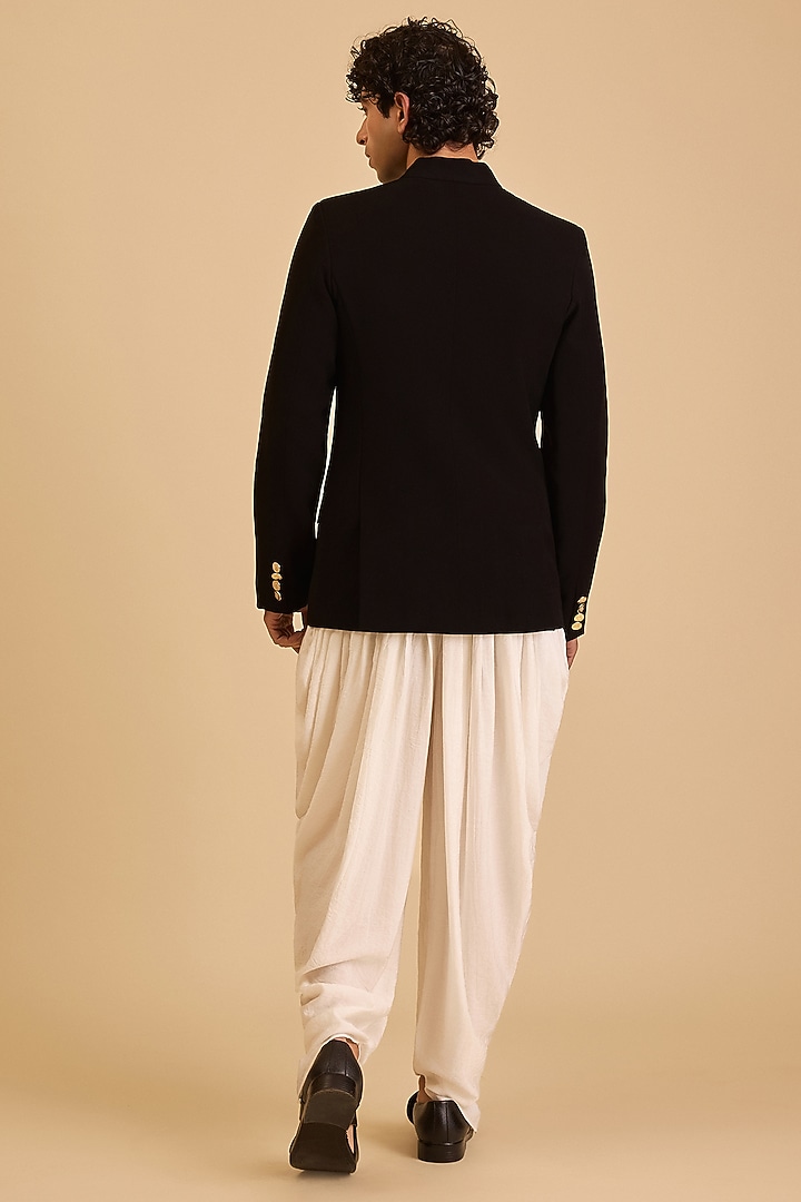 Black Micro Fiber & Japanese Fabric Embroidered Wedding Bandhgala by Siddartha Tytler Men at Pernia's Pop Up Shop