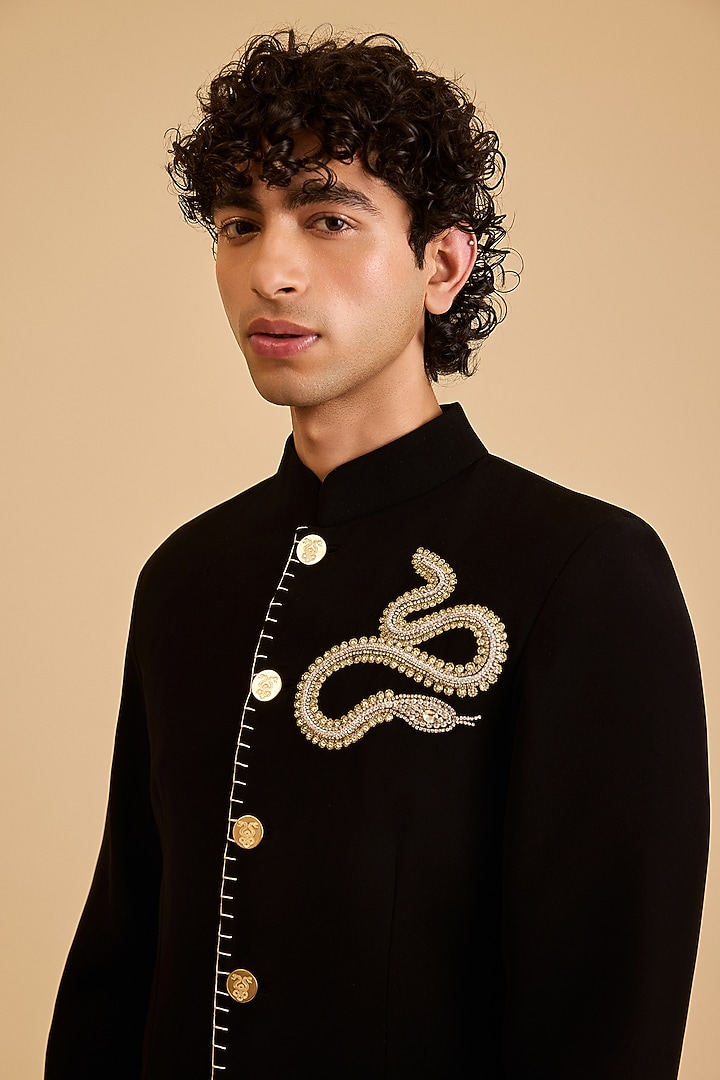 Black Micro Fiber & Japanese Fabric Embroidered Wedding Bandhgala by Siddartha Tytler Men at Pernia's Pop Up Shop