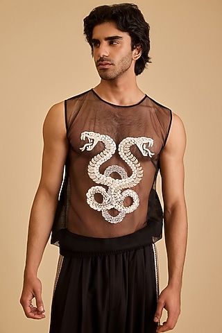 Black & White Net Embroidered Top by Siddartha Tytler Men