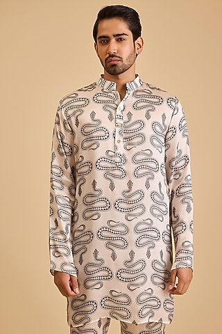 White & Black Bemberg Satin Printed Kurta Set by Siddartha Tytler Men