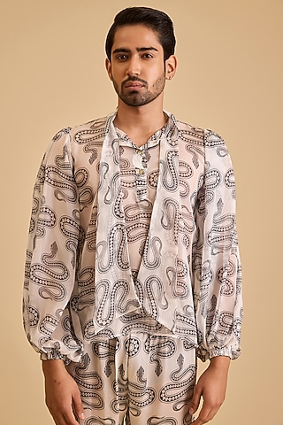 White & Black Georgette Printed Blouson by Siddartha Tytler Men