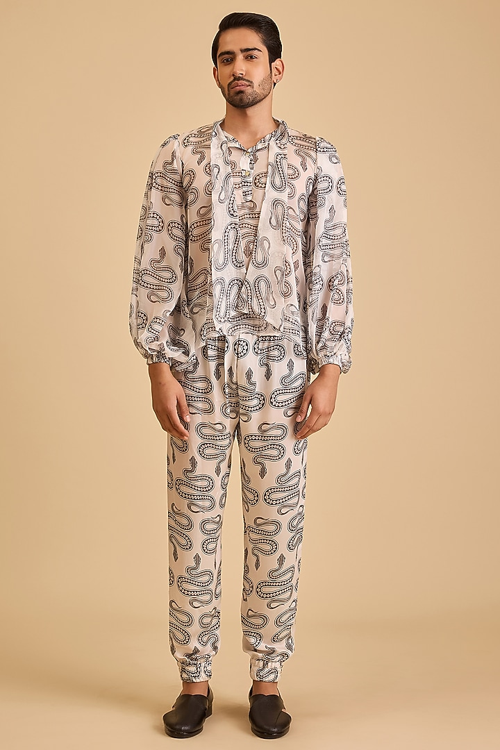 White & Black Georgette Printed Blouson by Siddartha Tytler Men at Pernia's Pop Up Shop