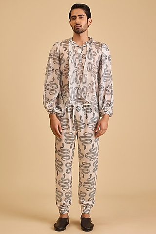 White & Black Bemberg Satin Printed Joggers by Siddartha Tytler Men