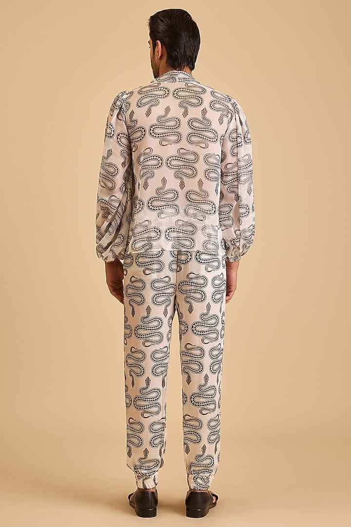 White & Black Bemberg Satin Printed Joggers by Siddartha Tytler Men at Pernia's Pop Up Shop