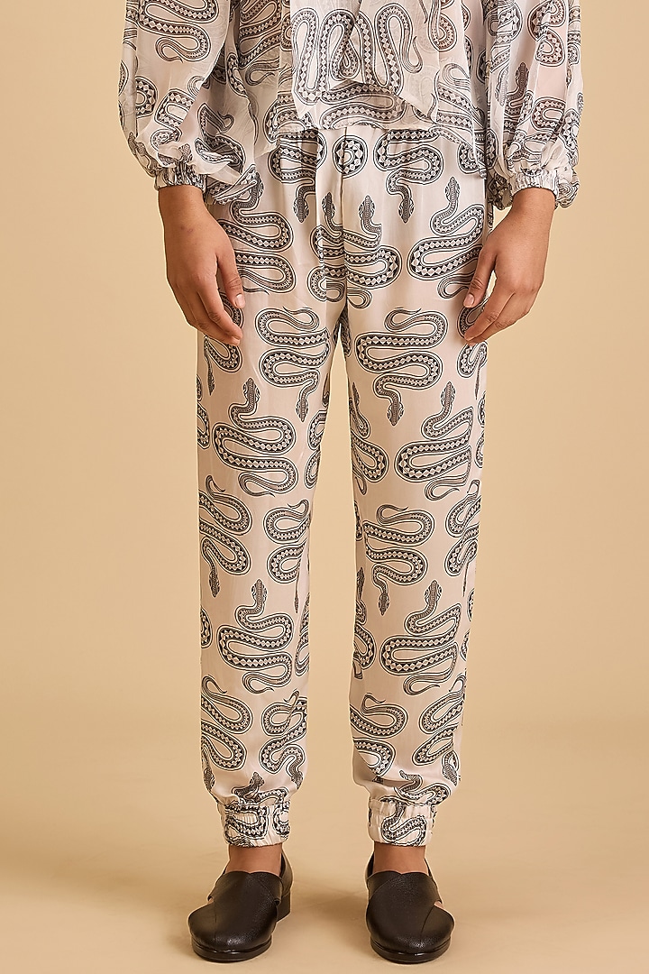 White & Black Bemberg Satin Printed Joggers by Siddartha Tytler Men at Pernia's Pop Up Shop