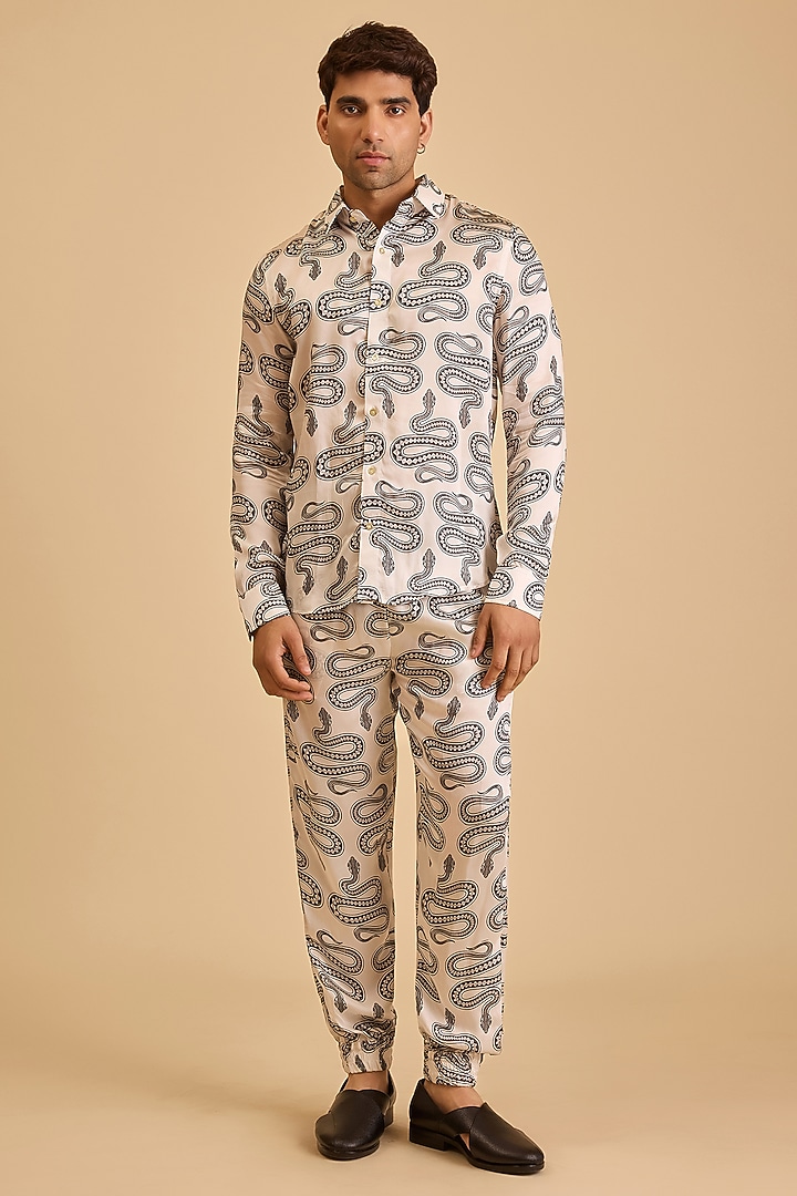 White & Black Bemberg Satin Printed Co-Ord Set by Siddartha Tytler Men at Pernia's Pop Up Shop