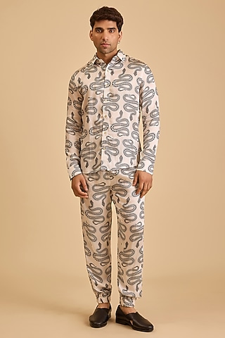 White & Black Bemberg Satin Printed Co-Ord Set by Siddartha Tytler Men