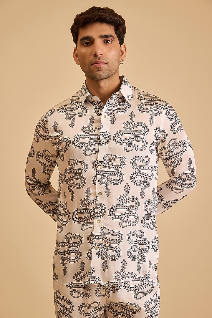 White & Black Bemberg Satin Printed Co-Ord Set by Siddartha Tytler Men at Pernia's Pop Up Shop