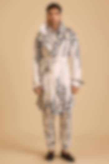 White & Black Bemberg Satin Printed Trench Coat by Siddartha Tytler Men at Pernia's Pop Up Shop