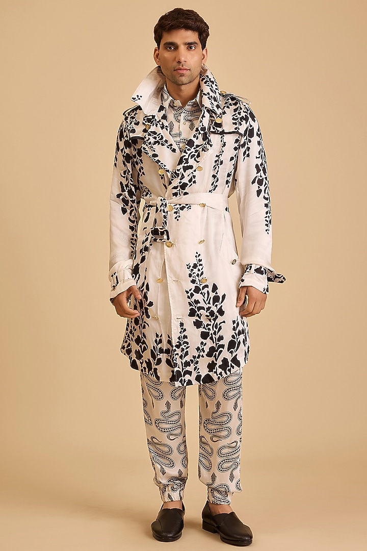 White & Black Bemberg Satin Printed Trench Coat by Siddartha Tytler Men at Pernia's Pop Up Shop
