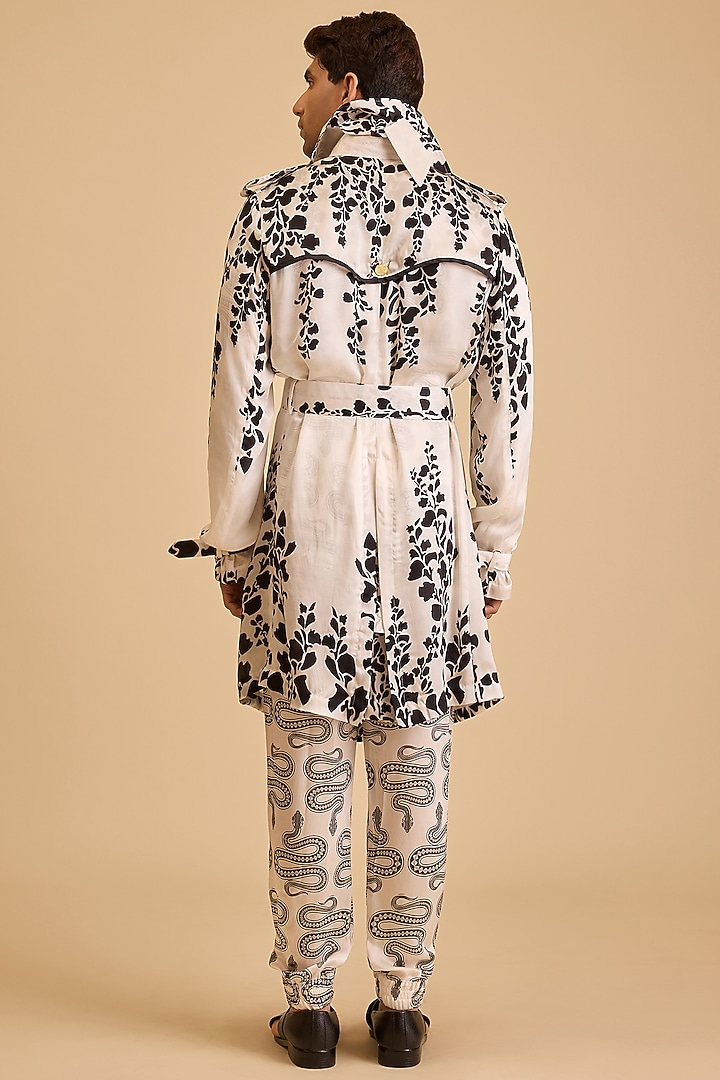 White & Black Bemberg Satin Printed Trench Coat by Siddartha Tytler Men at Pernia's Pop Up Shop