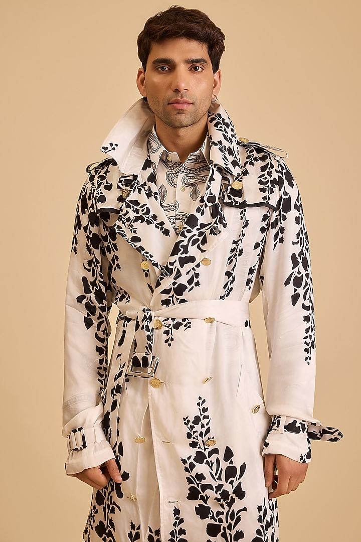 White & Black Bemberg Satin Printed Trench Coat by Siddartha Tytler Men at Pernia's Pop Up Shop