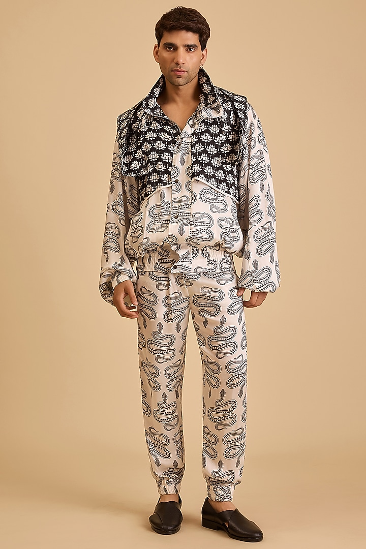 White & Black Bemberg Satin Printed Jacket by Siddartha Tytler Men at Pernia's Pop Up Shop