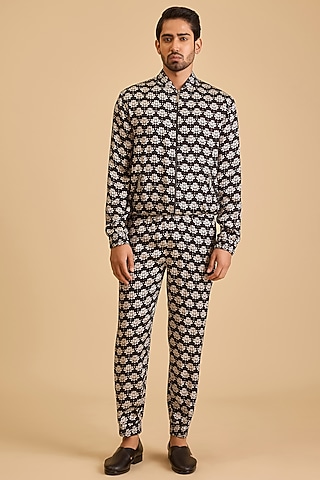 Black & White Bemberg Satin Printed Co-Ord Set by Siddartha Tytler Men