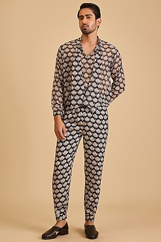 Black & White Georgette Printed Top by Siddartha Tytler Men
