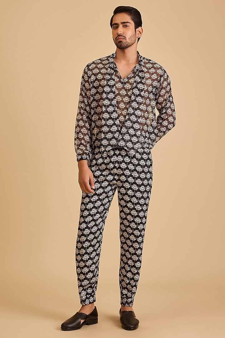 Black & White Satin Printed Jogger Pants by Siddartha Tytler Men at Pernia's Pop Up Shop