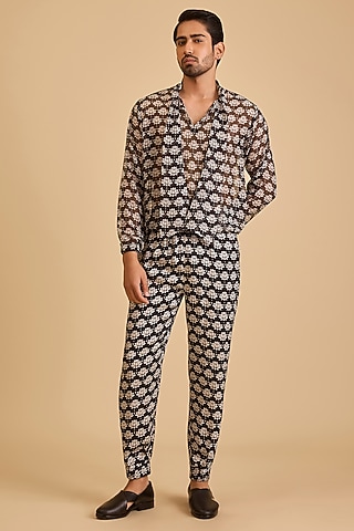 Black & White Satin Printed Jogger Pants by Siddartha Tytler Men