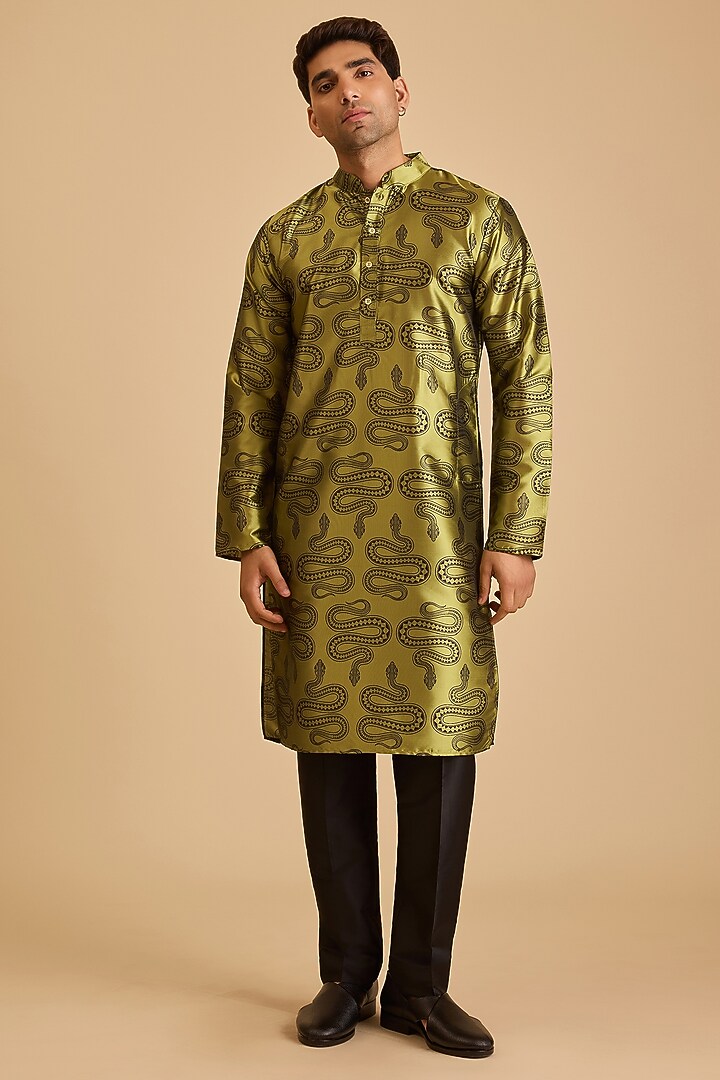 Olive Silk Snake Printed Kurta by Siddartha Tytler Men at Pernia's Pop Up Shop