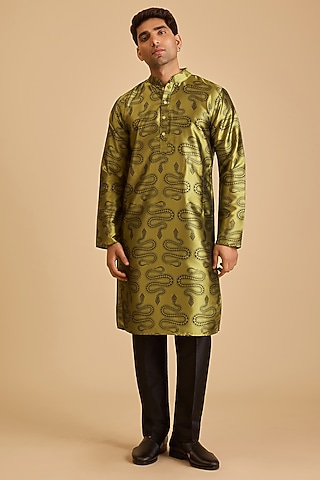 Olive Silk Snake Printed Kurta by Siddartha Tytler Men