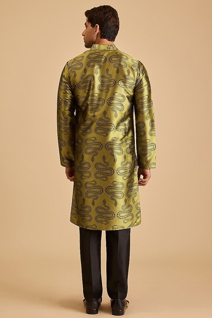 Olive Silk Snake Printed Kurta by Siddartha Tytler Men at Pernia's Pop Up Shop