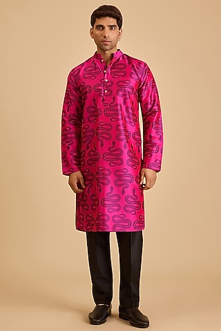 Pink Silk Snake Printed Kurta by Siddartha Tytler Men