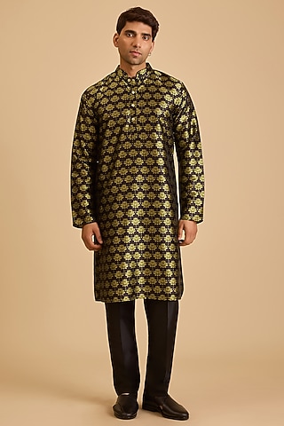 Green Silk Lotus Printed Kurta by Siddartha Tytler Men